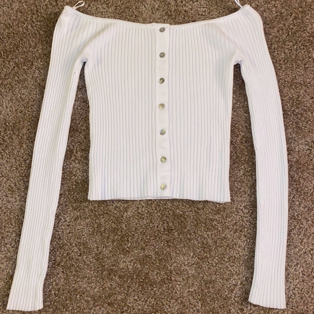 Ribbed Button Down Off the Shoulder Shirt